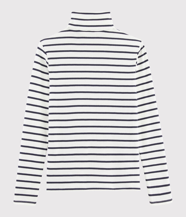 Camiseta de cuello alto emblem&aacute;tica de algod&oacute;n de rayas de mujer blanco/azul