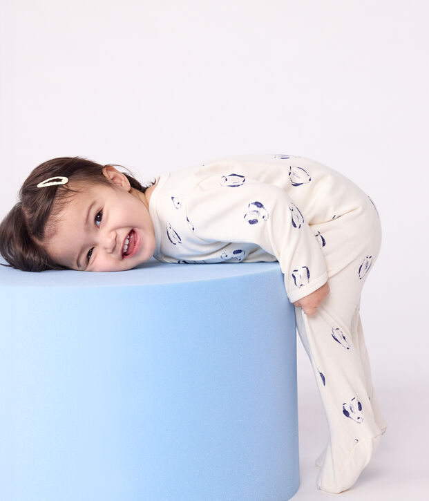Pijama de beb&eacute; en felpa perchada con estampado animal de ping&uuml;ino y cuello de p&eacute;talos crudo/multicolor