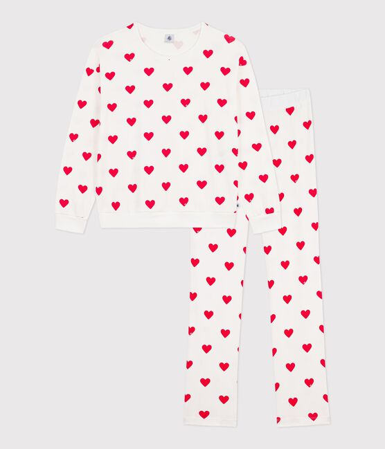 Pijama de algodón con estampado de corazones para mujer blanco MARSHMALLOW/rojo TERKUIT