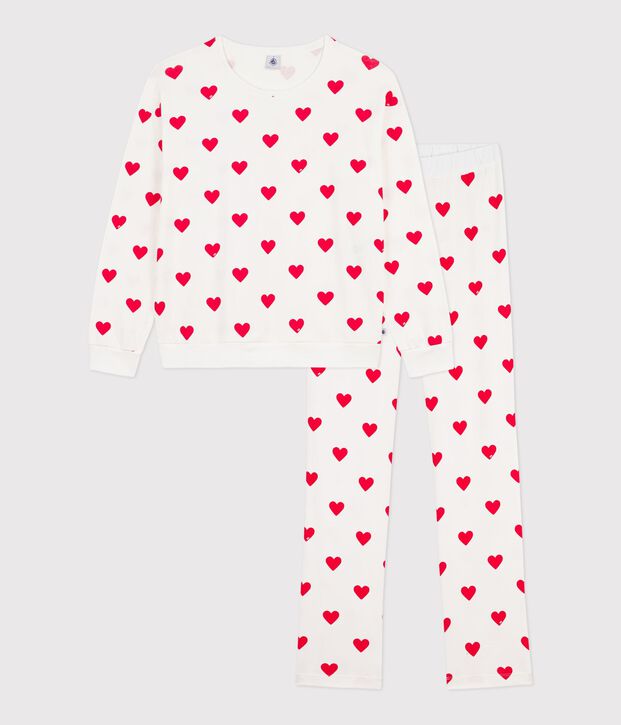 Pijama de algod&oacute;n con estampado de corazones para mujer blanco/rojo
