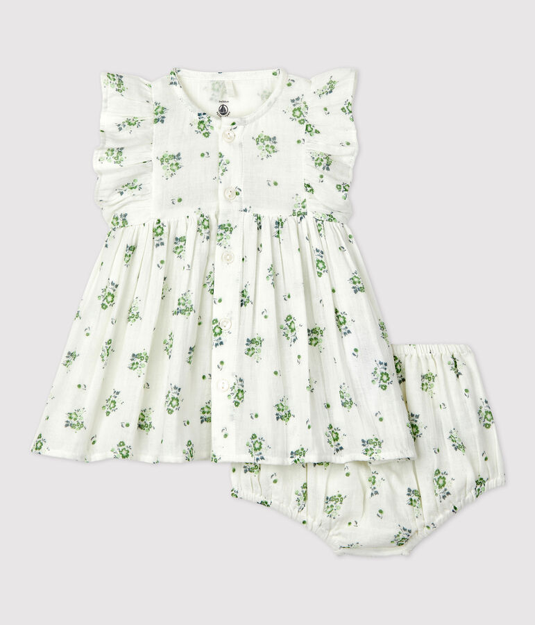 Vestido con braguita bloomer y estampado de flores de gasa de algod&oacute;n ecol&oacute;gico para beb&eacute; blanco/multicolor
