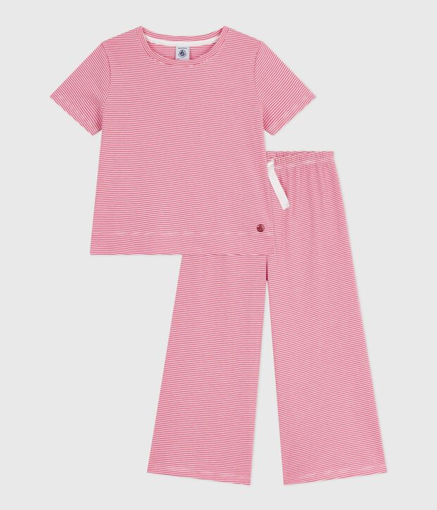 Pijama infantil de manga corta y pernera ancha de algod&oacute;n a rayas rosa/blanco