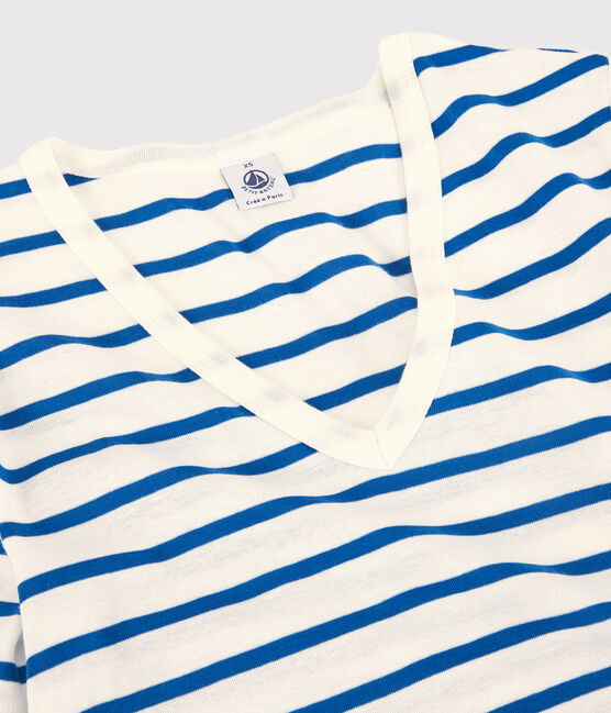 Camiseta L'ICONIQUE con cuello de pico de algodón orgánico de mujer blanco MARSHMALLOW/azul DELFT