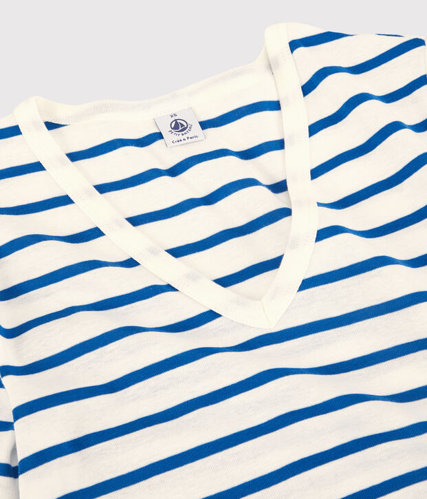 Camiseta L'ICONIQUE con cuello de pico de algod&oacute;n org&aacute;nico de mujer blanco/azul
