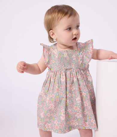 Vestido de algod&oacute;n de manga corta y pololo con estampado de flores para beb&eacute;