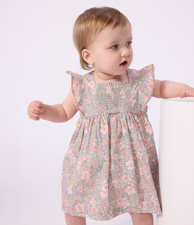 Vestido de algod&oacute;n de manga corta y pololo con estampado de flores para beb&eacute; azul/multicolor