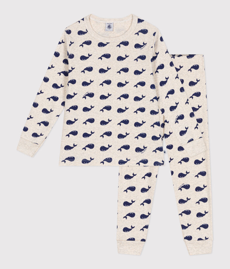Pijama infantil de algod&oacute;n con estampado de ballenas beige/azul