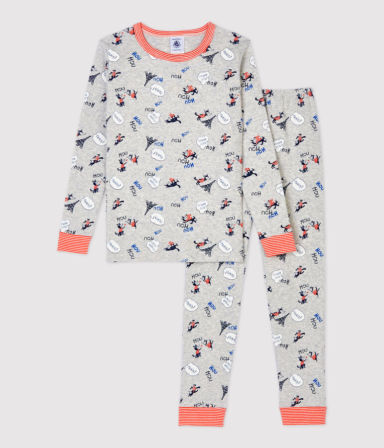 Pijama snugfit con estampado de Par&iacute;s de ni&ntilde;o de algod&oacute;n org&aacute;nico gris BELUGA/blanco MULTICO
