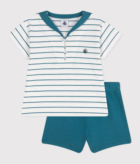 Conjunto de dos piezas de algodón con camiseta a rayas y pantalón corto liso para bebé verde MARSHMALLOW/ DRAGONFLY