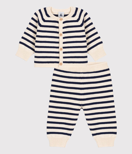 Conjunto de 2 prendas de punto tricotado de lana y algodón a rayas marineras para bebé blanco AVALANCHE/azul SMOKING