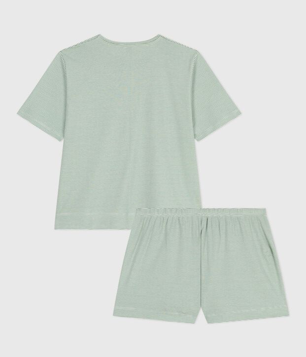 Pijama corto de algod&oacute;n a rayas para mujer verde/blanco