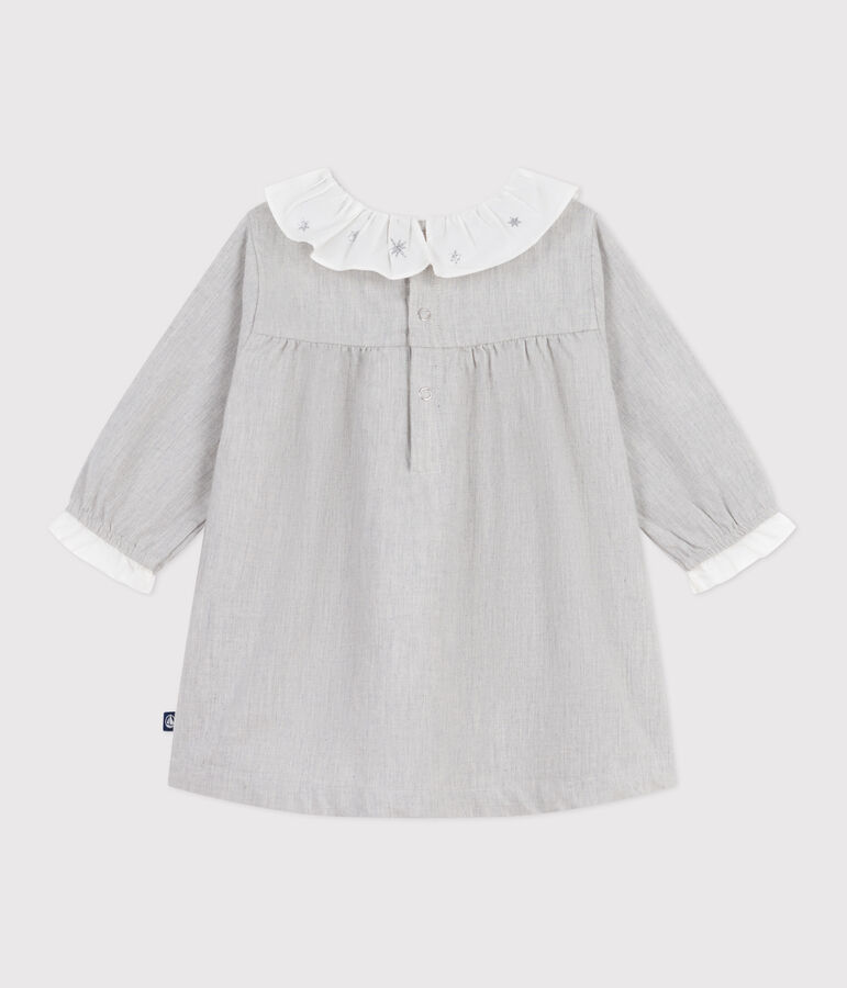 Vestido liso de franela de manga larga con cuello para beb&eacute; gris