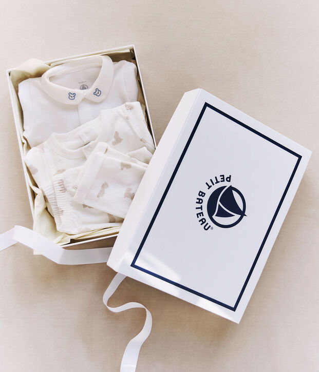 Conjunto de regalo de 3 piezas de algod&oacute;n con estampado de osito para beb&eacute; blanco/BRUN