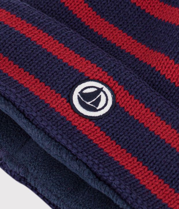 Gorro infantil de punto tricotado a rayas con forro polar azul/rojo