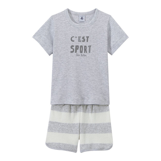 Pijama corto en dos materias para ni&ntilde;o gris/blanco