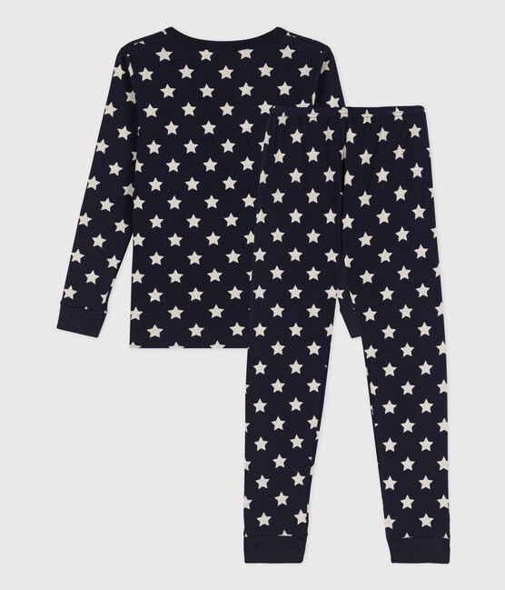 Pijama de algodón ajustado con estrellas para niño/niña azul SMOKING/blanco MARSHMALLOW