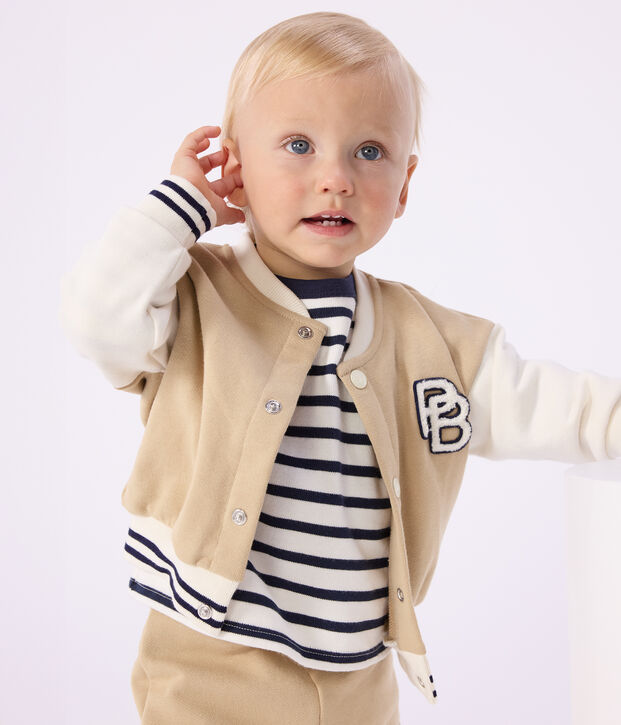 Chaqueta teddy colorblock de algod&oacute;n con insignia para beb&eacute; beige/crudo