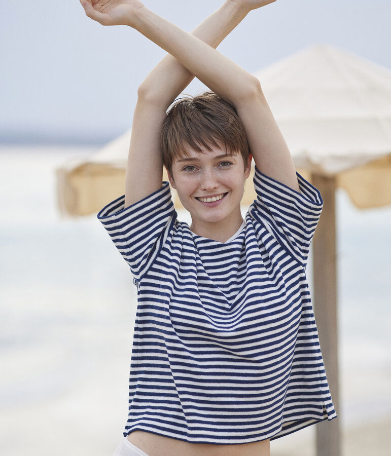 Camiseta LE BOXY en rizo de algod&oacute;n para mujer azul/blanco