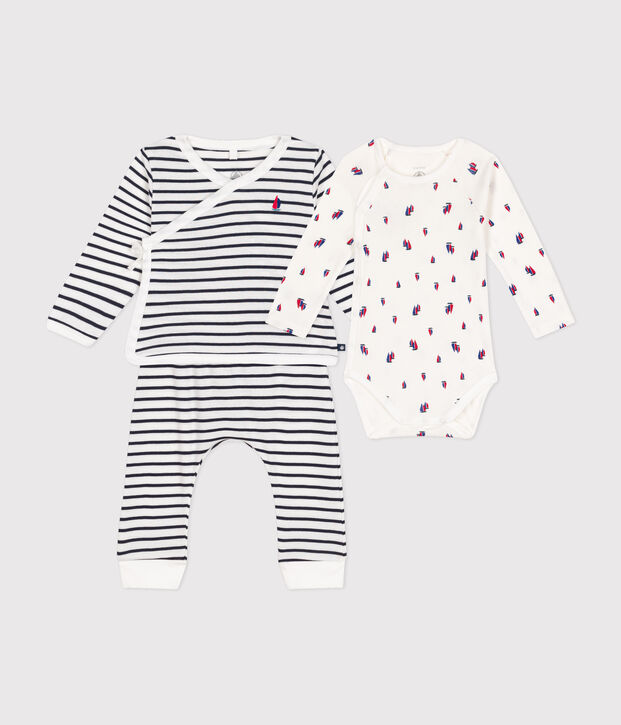 Conjunto de 3 piezas de algod&oacute;n para beb&eacute; blanco/azul
