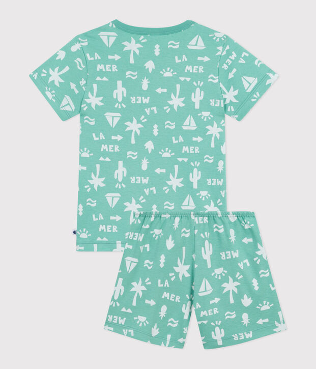 Pijama corto infantil de algod&oacute;n con estampado verde/blanco