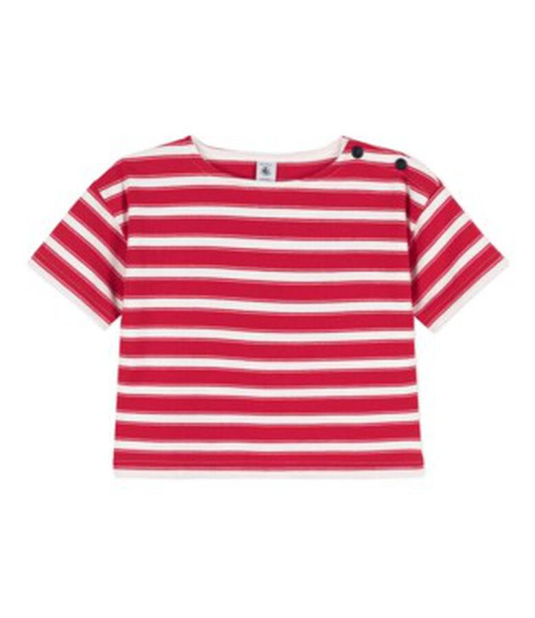 Camiseta de algod&oacute;n grueso a rayas para ni&ntilde;a rojo PEPS/blanco MARSHMALLOW