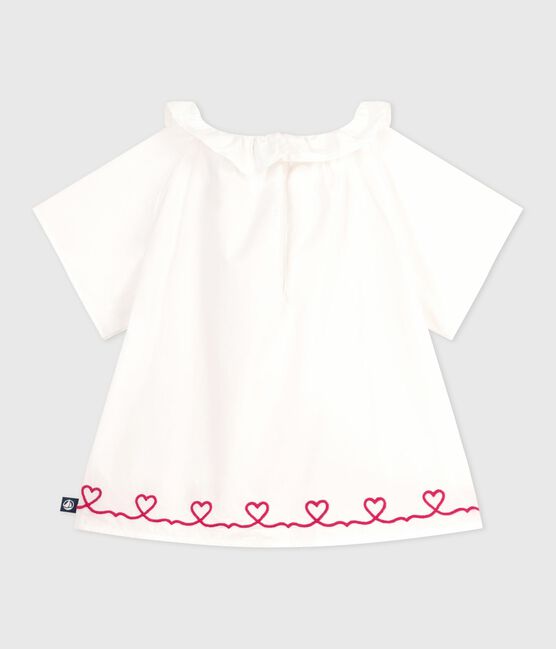 Blusa de popelina de algodón de manga corta con bordado de corazones para bebé blanco ECUME