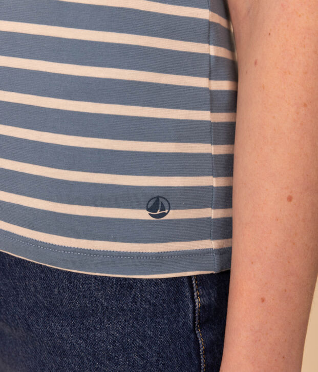 Camiseta LA RECTA de algod&oacute;n con cuello redondo para mujer azul/crudo