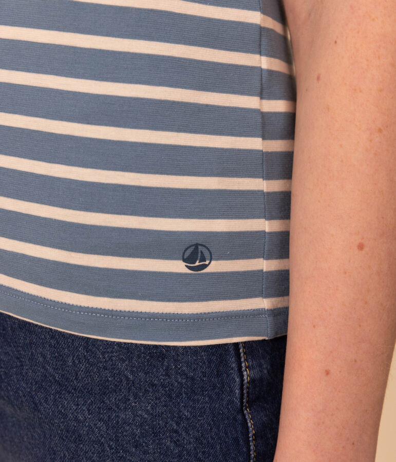 Camiseta LA RECTA de algod&oacute;n con cuello redondo para mujer azul/crudo