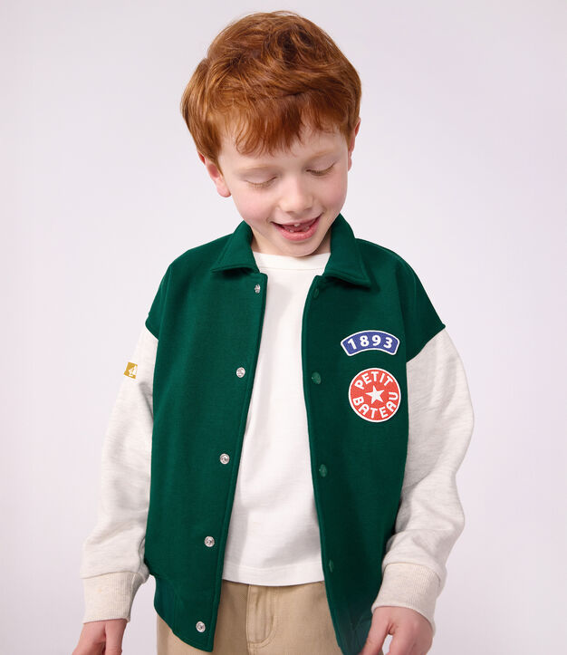 Chaqueta teddy infantil lisa colorblock de algod&oacute;n verde/beige