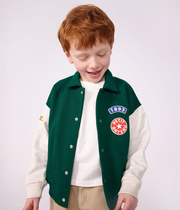 Chaqueta teddy infantil lisa colorblock de algod&oacute;n verde/beige