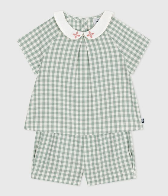 Conjunto de dos piezas de algodón, con blusa y short vichy, para bebé azul PAUL/blanco MARSHMALLOW