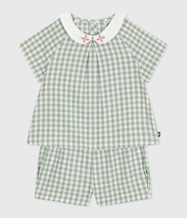 Conjunto de dos piezas de algod&oacute;n, con blusa y short vichy, para beb&eacute; verde/blanco