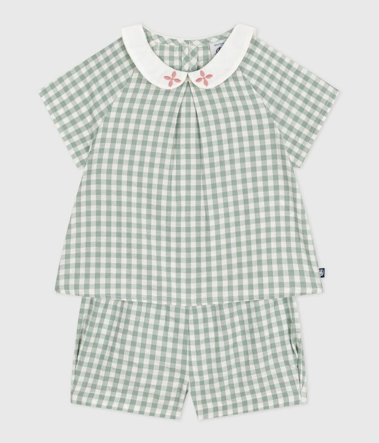 Conjunto de dos piezas de algod&oacute;n, con blusa y short vichy, para beb&eacute; verde/blanco