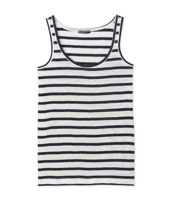 Camiseta de tirantes emblemática de lino de rayas de mujer  blanco LAIT/azul SMOKING