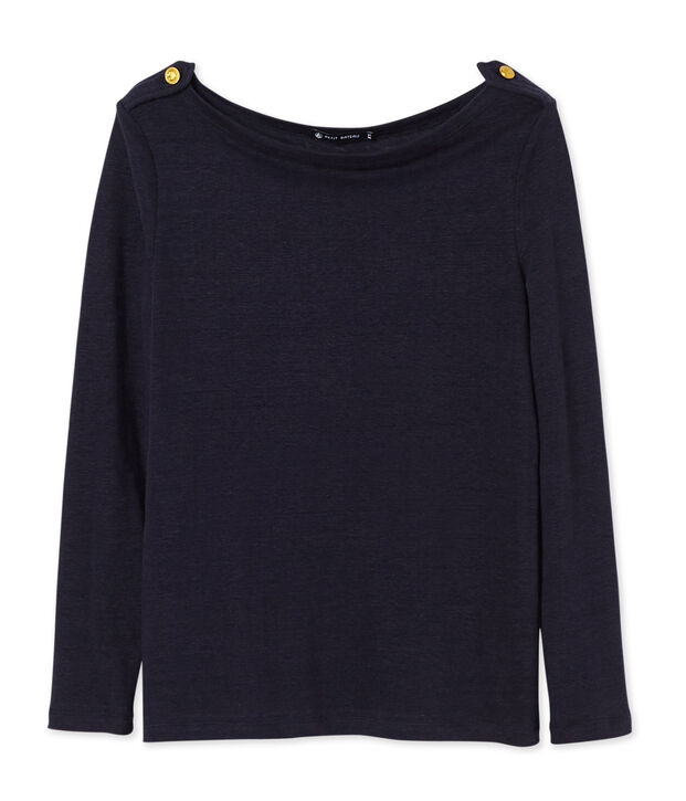 Camiseta manga larga de lino para mujer azul