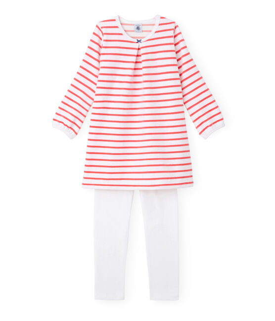 Chemise de nuit fille à rayure marinière et son legging blanco ECUME/rojo CARMEN