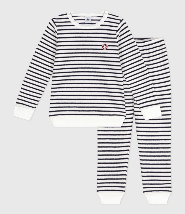 Pijama infantil de rizo de algod&oacute;n a rayas azul/azul