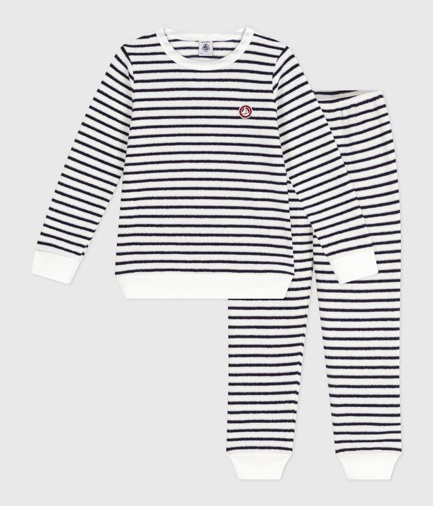 Pijama infantil de rizo de algod&oacute;n a rayas azul/azul