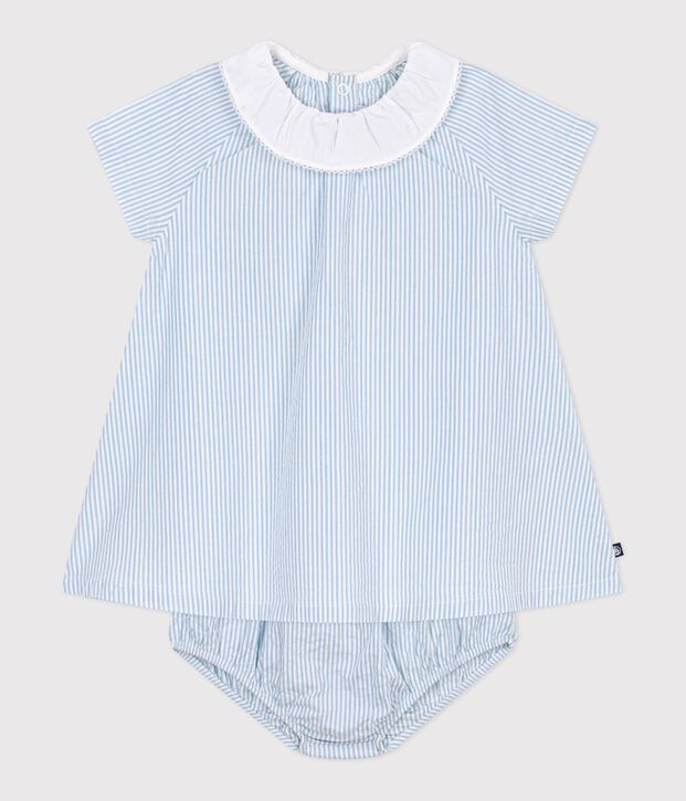 Vestido de algod&oacute;n de manga corta y pololo a rayas para beb&eacute; azul/azul
