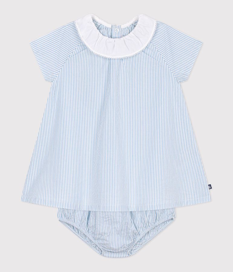 Vestido de algod&oacute;n de manga corta y pololo a rayas para beb&eacute; azul MARSHMALLOW/ FLO