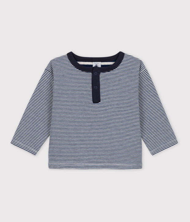 Camiseta de t&uacute;bico milrayas de manga larga de beb&eacute; azul/beige