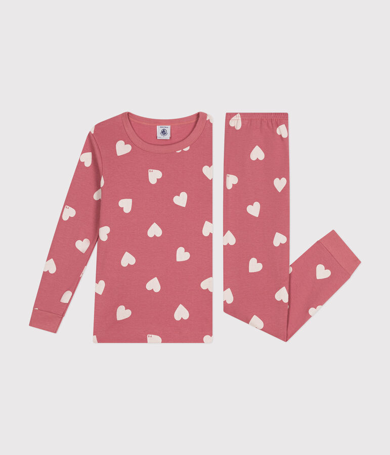 Pijama infantil ajustado de algod&oacute;n con estampado de corazones rosa/crudo
