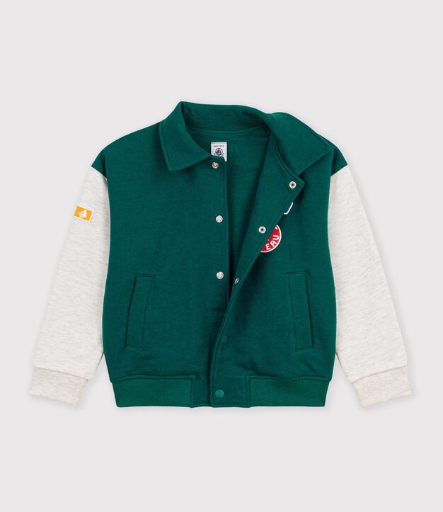 Chaqueta teddy infantil lisa colorblock de algod&oacute;n verde/beige