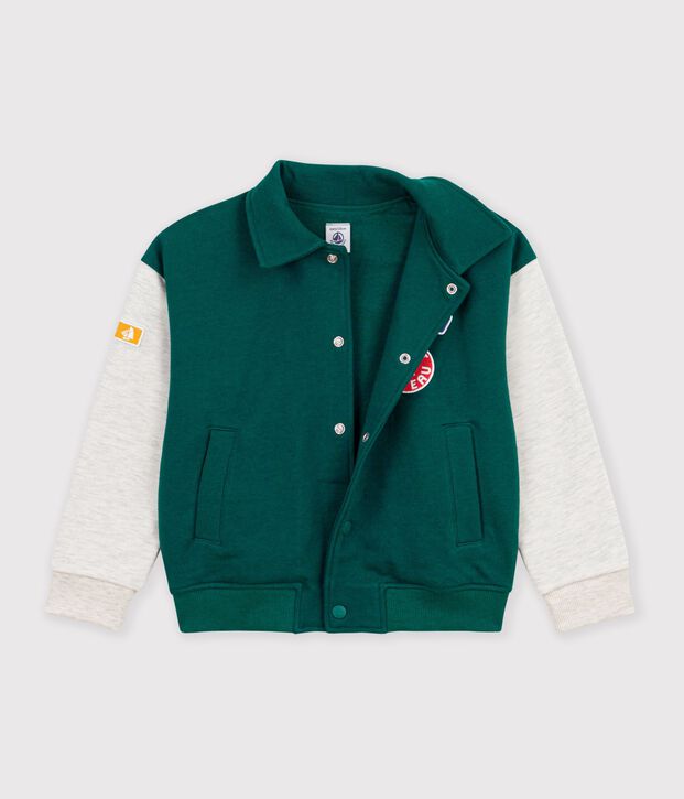 Chaqueta teddy infantil lisa colorblock de algod&oacute;n verde/beige