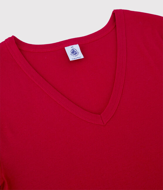 Camiseta de cuello de pico emblemática de algodón de mujer rojo TERKUIT