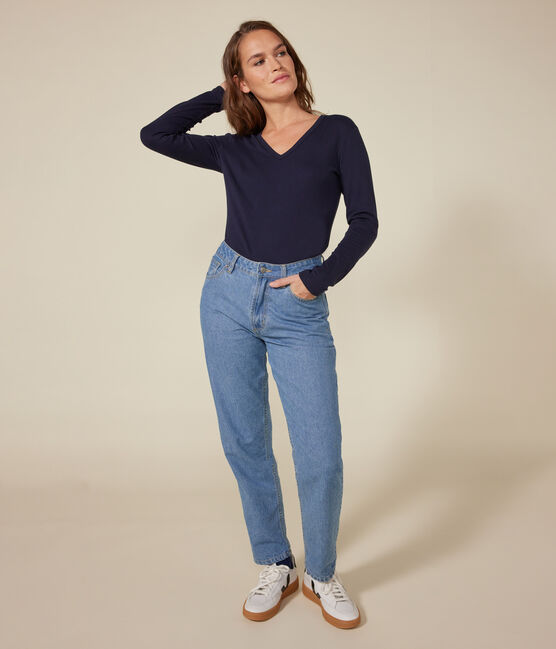 Camiseta Iconique de manga larga de algodón liso para mujer con cuello en V azul SMOKING