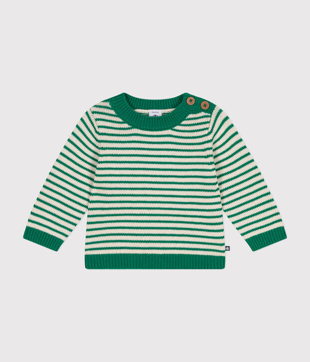 Jersey de punto tricotado de lana y algod&oacute;n para beb&eacute; verde/crudo