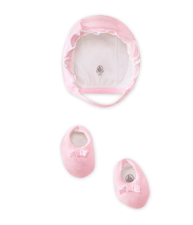 Conjunto de capota y zapatitos beb&eacute; ni&ntilde;a rosa/blanco