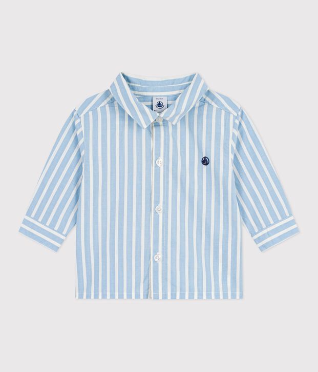 Camisa a rayas de algod&oacute;n de manga larga para beb&eacute; azul/blanco