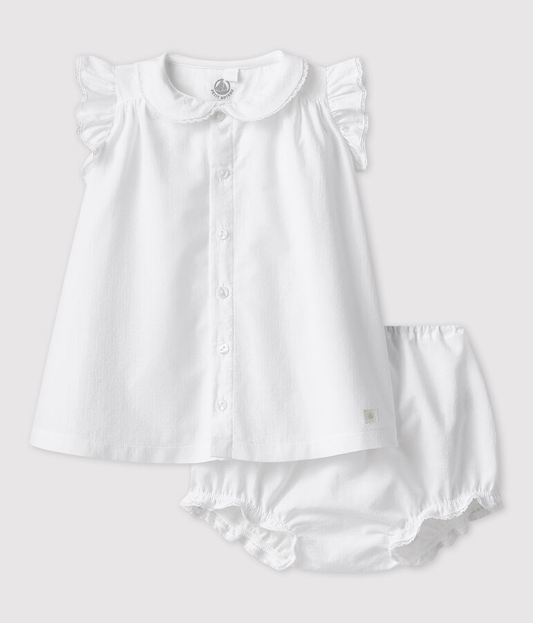 Vestido blanco de manga corta con braguitas bloomer de beb&eacute; ni&ntilde;a en popelina de algod&oacute;n ecol&oacute;gico blanco